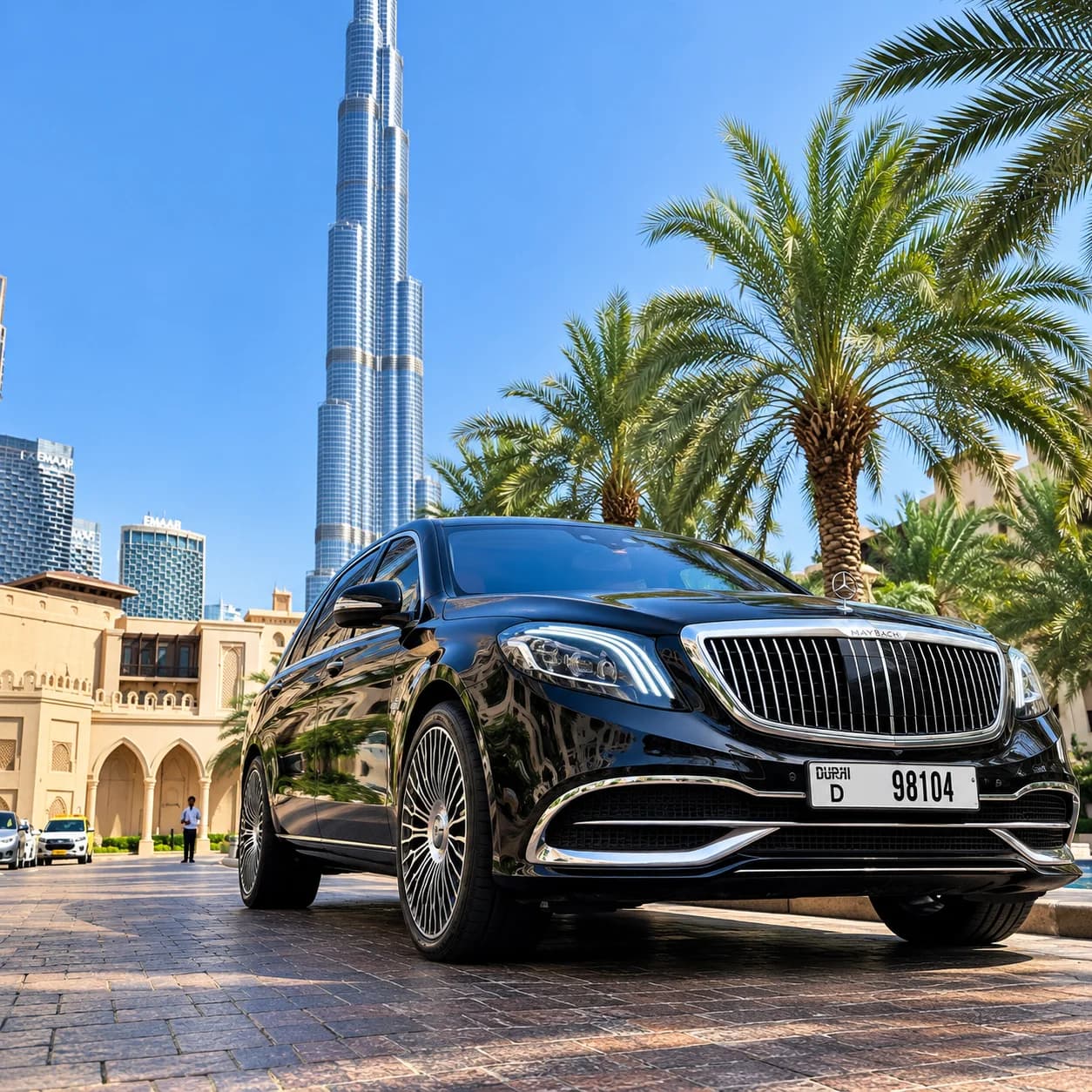 Black luxury sedan parked in front of the Burj Khalifa